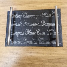Image of SLATE CHEESE BOARD WITH METAL HANDLES. HANDMADE IN WALES. WINE TYPES DESIGN. NEW