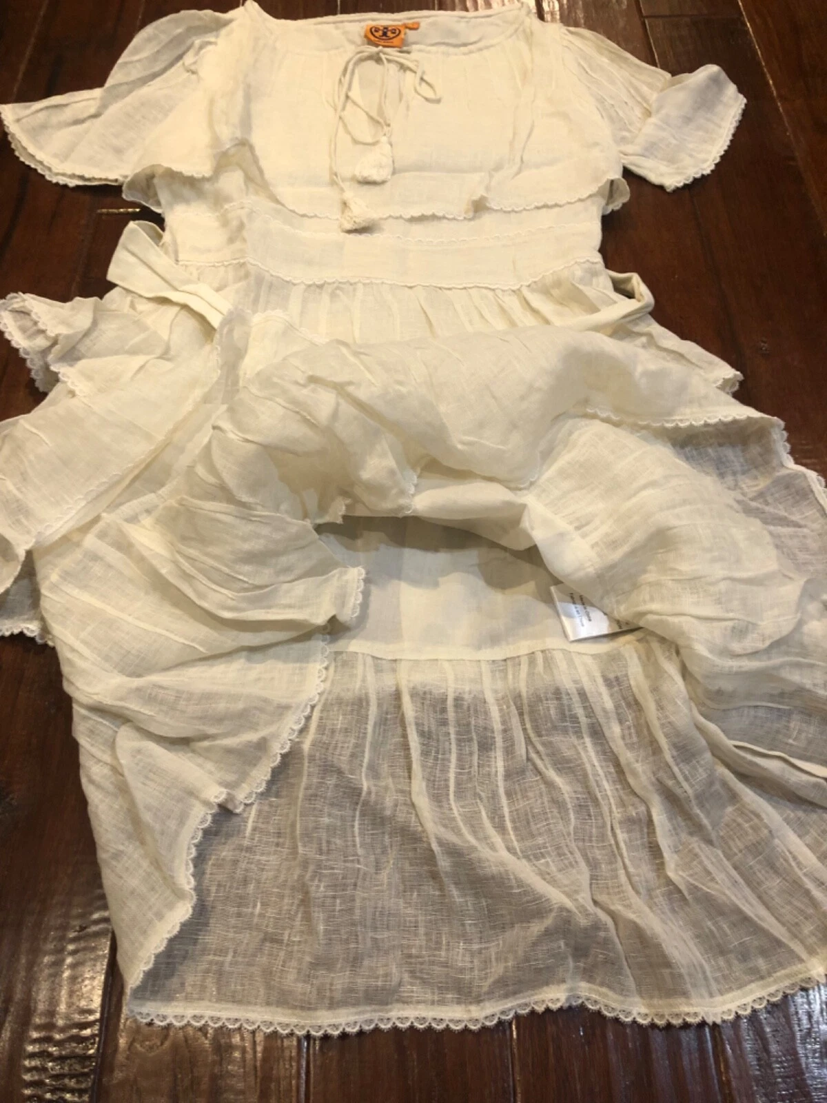 Abito Tory Burch 100% lino bianco a strati con volant in vita impero taglia 4