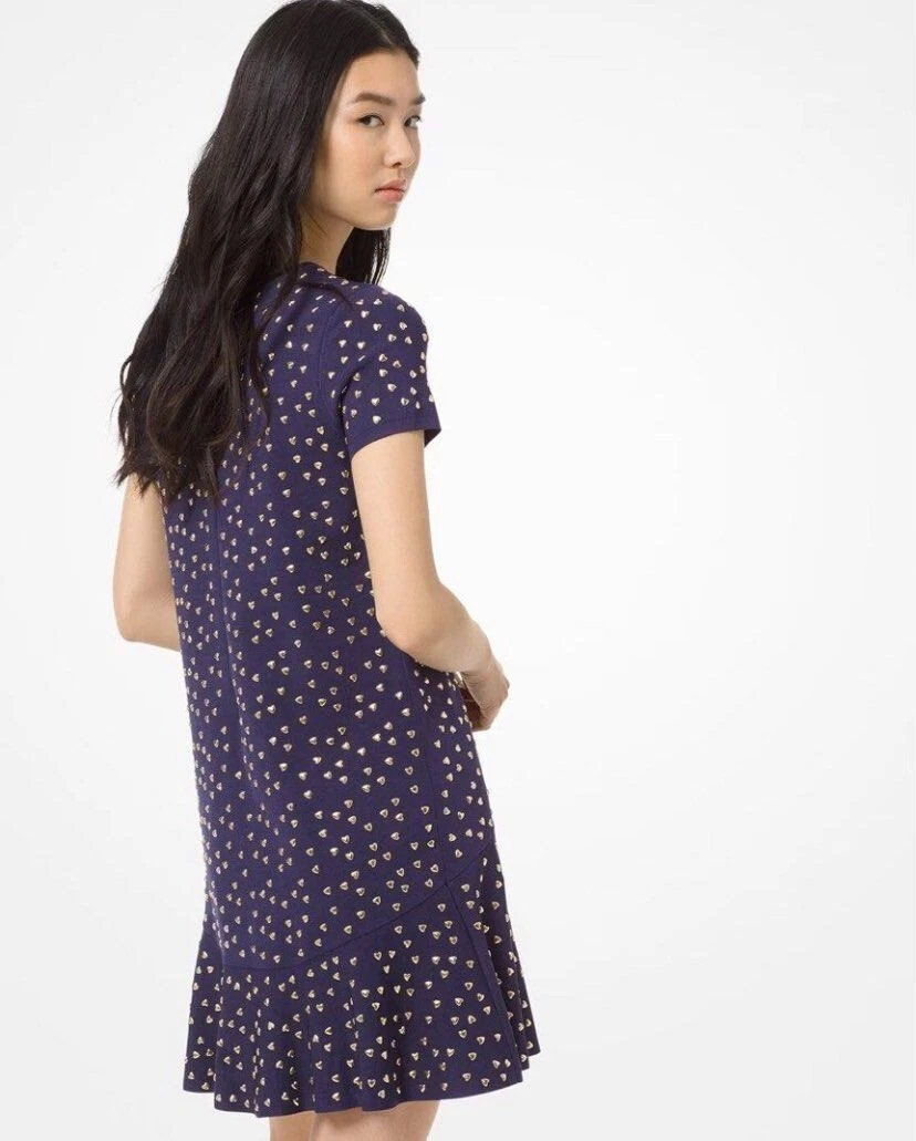 $350 MICHAEL KORS abito in maglia blu navy con borchie cuore oro taglia L 10 12 NUOVO
