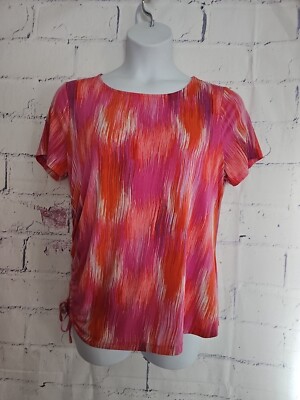 IMAN Drawstring Tie Side Tunic Top size XL Stretch Multicolor Round Neck Sh/Slv