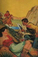 ACEO Pulp Fiction art card Woman at the mercy of Bad cowboys about to be saved