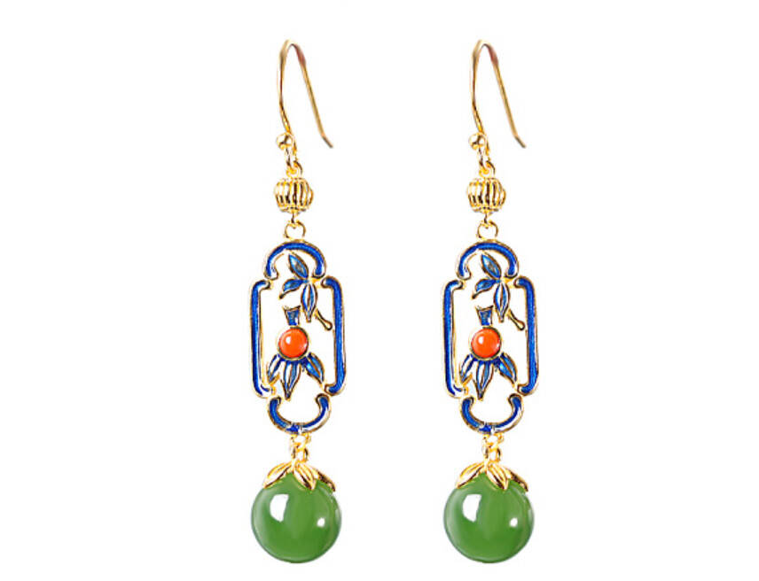 I03 Earrings Green Jade With Floral Ornament Silver 925 Gold Plated eBay