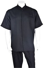 Mens' 2 PC Set Mandarin/Banded Collar Casual Shirt Pants /Walking Black Sets