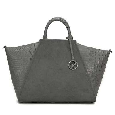 Raviani New Satchel in Gray Croco Embossed and Gray Hair On Cowhide Leather