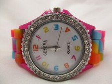 Geneva Analog Wristwatch Silver Tone Colorful Swirly Buckle Band Rhinestones