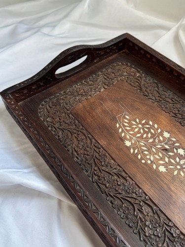 Handcrafted Wooden Serving Tray with Intricate Floral Carvings and Inlaid Design - Picture 7 of 11