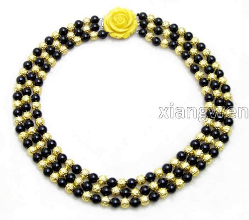 10mm Round Natural Black Agate Necklace for Women 18-20" 3 Strands Necklace - Picture 3 of 6