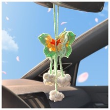 Crochet Butterfly Flowers Car Accessories, Handmade Car Rear View Mirror Hang...