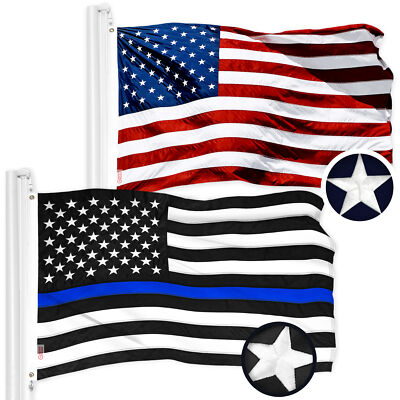 G128 Combo Pack: American & Thin Blue Line Flag 20x30 In Embroidered 300D Poly