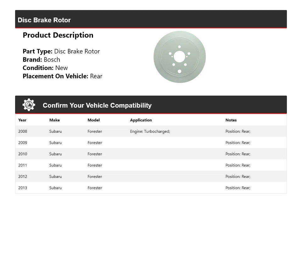 Rotor de freno de disco trasero QuietCast para Subaru Forester Bosch 2008-2013 2009 2010 Foto 2 de 4