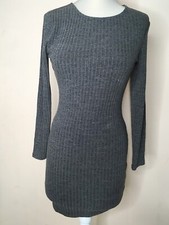 Nude Women's Bodycon Long Sleeve Ribbed Open Back Ruched Dress Gray Size S Small