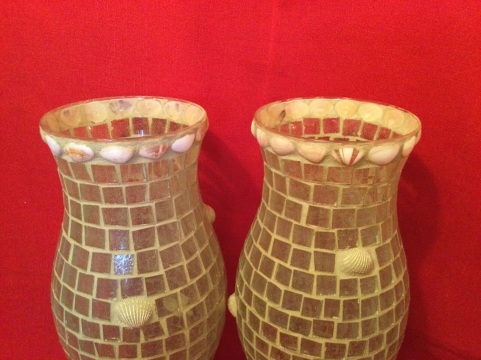 Mosaico Hurricane Vidrio y concha de mar Lechada Mesa Candelabro Pantalla Foto 3 de 4