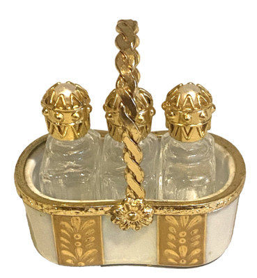 LIMOGES France PEINT MAIN BASKET-3 ORNATE PEARL/OPALESCENT PERFUME BOTTLES-MINT!