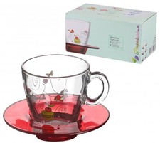 SET OF 6 COFFE CUP AND SAUCER RED FLOWER FLORAL MACAROON GLASS TEA COFFEE SET