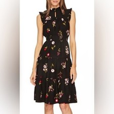 Kate Spade Ma Cherie In Bloom Black Floral Smocked Waist Tiered A Line Dress