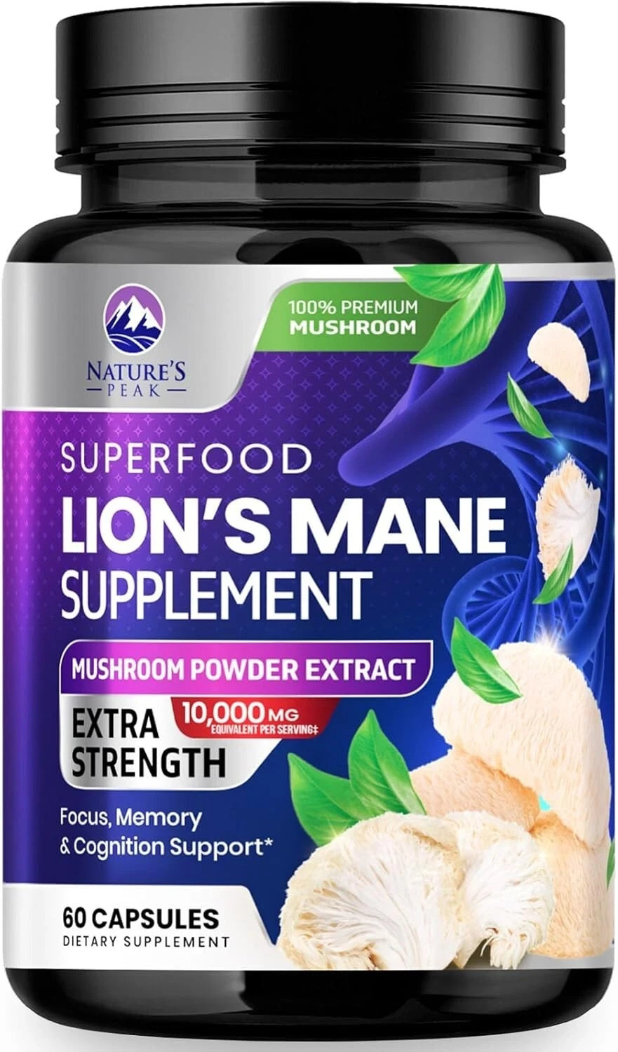 Lions Mane Supplement Capsules 10,000mg, Premium Lions Mane Mushroom for Support