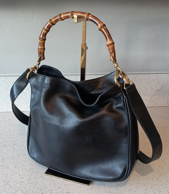 GUCCI Logo Bamboo 2Way Shoulder Tote Hand Bag Leather Black Gold