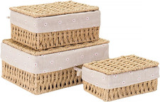 Set of 3 Boho Wicker Storage Baskets with Lids for Organizing and Decor