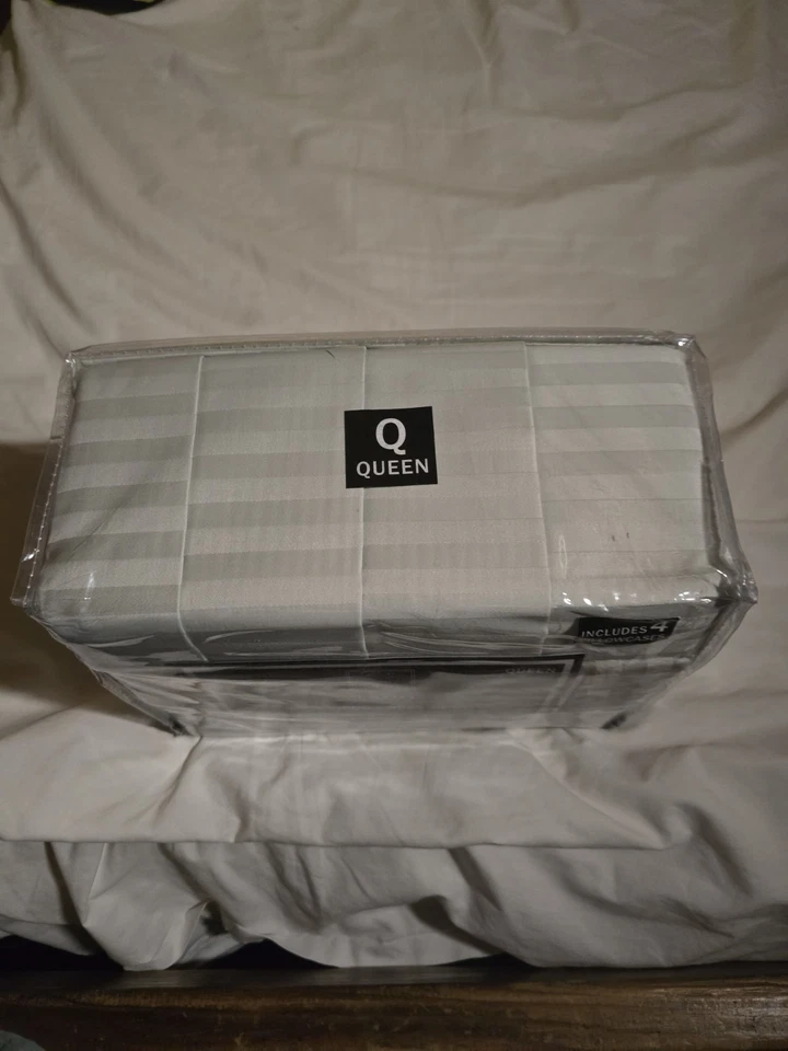 Juego de 6 piezas verde claro algodón rico satén tejido rayas 1400 hilos Queen  Foto 4 de 4