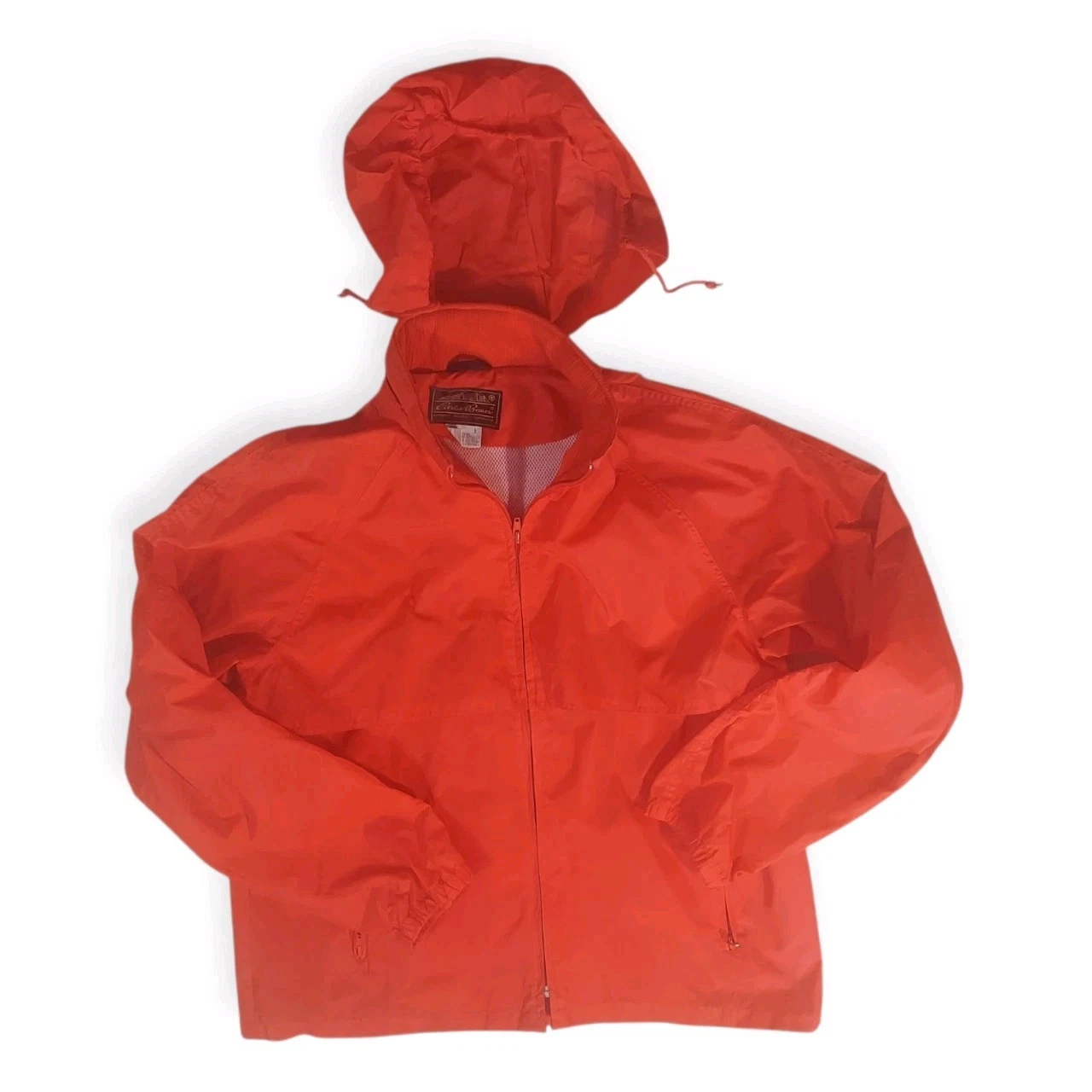 VTG Eddie Bauer Jacket Mens Red Rain Coat Windbreaker Vented Hideaway Hood Sz L