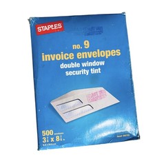 500-count box of Staples No. 9 double-window security envelopes 3-7/8" x 8-7/8"