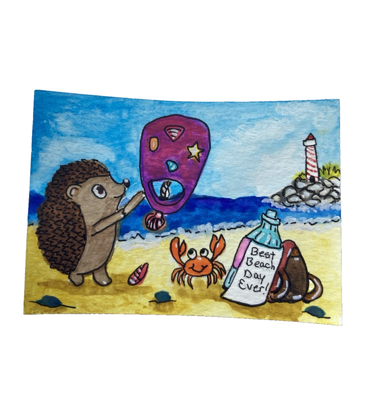 ACEO Original Painting Hedgehogs Beach Bag Seashells Watercolor Tiny Art OOAK