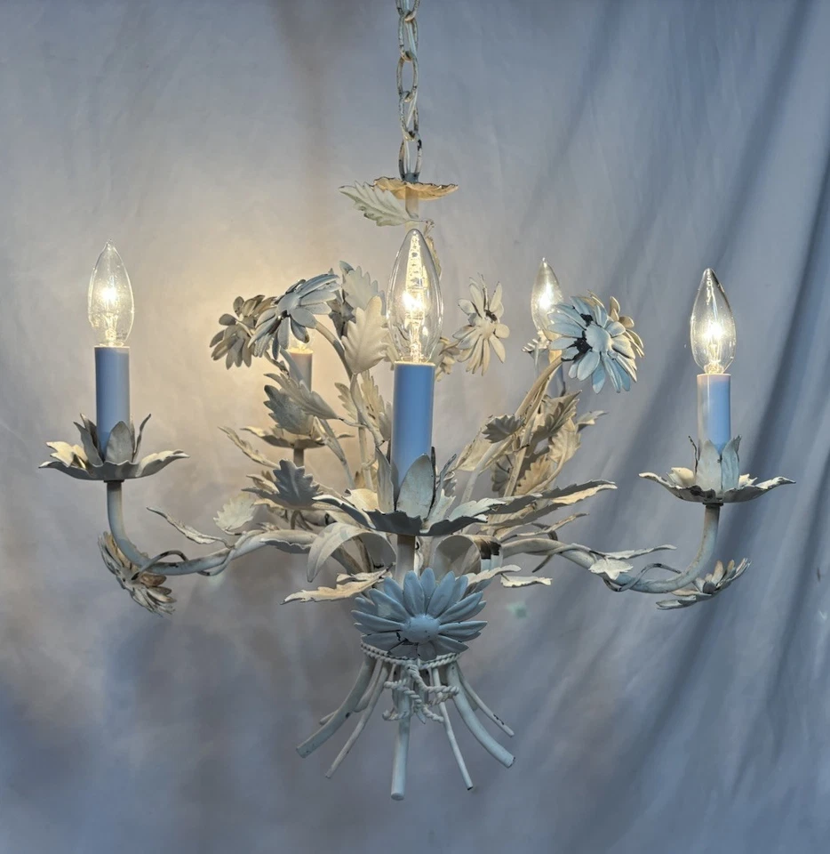 Vintage White Toleware Chandelier 5 Light Floral 22"D Italian? - Image 3 of 4