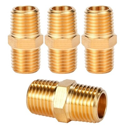 4 pcs Solid Brass Pipe Fitting, Hex Nipple, 1/4'' x 1/4'' NPT Male Pipe Adapter