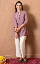 Indian Tunics; Women Silk Blend Lace design Solid Tunic Kurti.Lavender, Blue