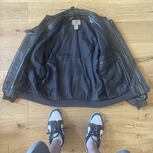 L.L. Bean Leather flight jacket Bomber Jacket tHick Black Leather Size Large - Picture 6 of 7