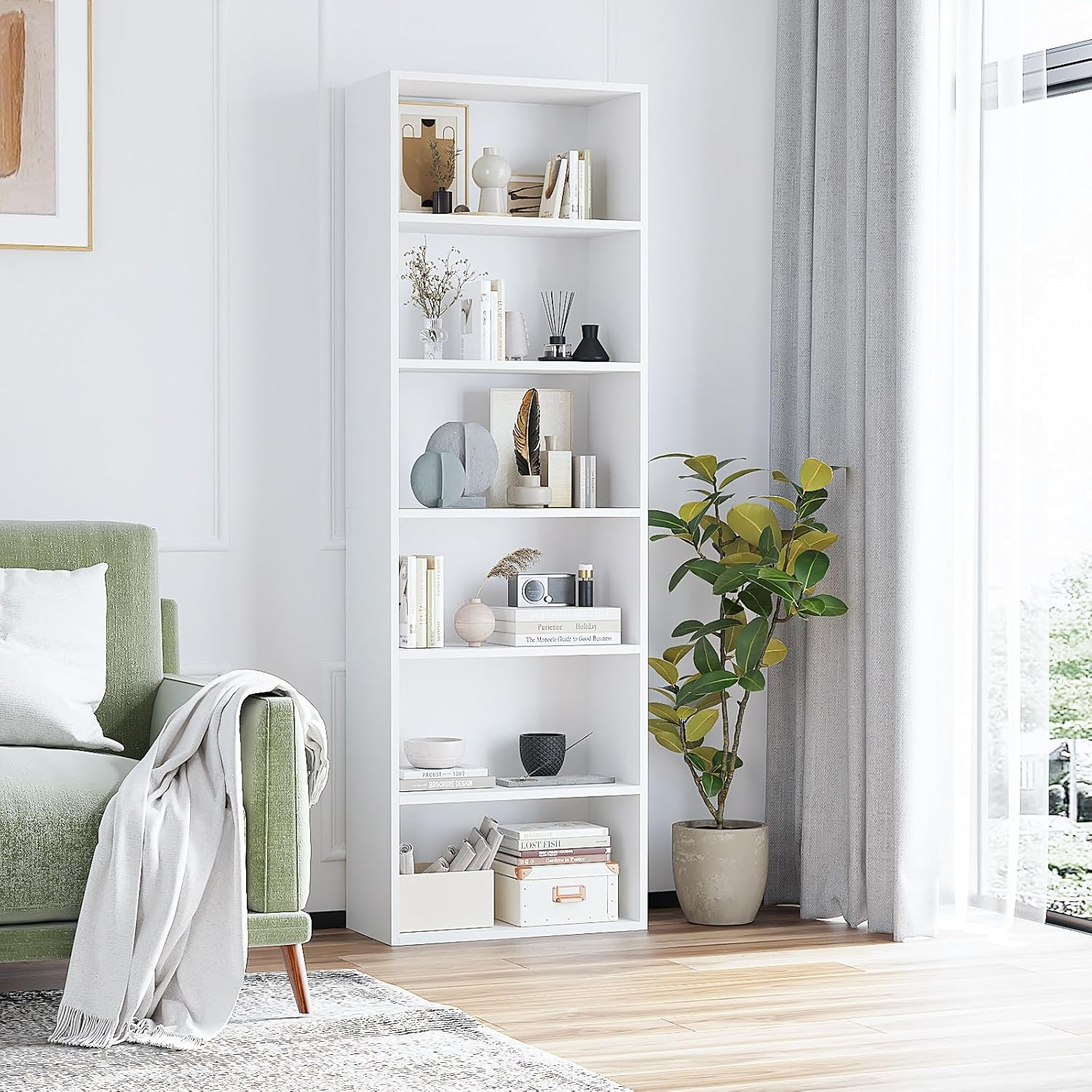 Stylish 6-Tier Wooden Bookshelf with Anti-Tipping Device, 71" Tall, White