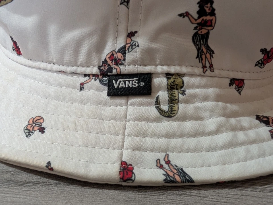 VANS Sombrero Cubo Hula - Niña Hawaiana Floral Tela Blanca Tropical Playa Verano Foto 2 de 4