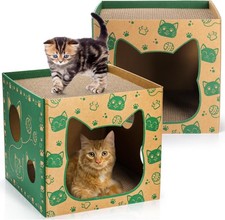 2 Pack Cardboard Cat Houses, Play House with 2 PCS Brown; Green
