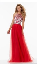 Blondie Nites Red Embroidered Floral Prom Dress Size 7 Boho Halter Top Formal