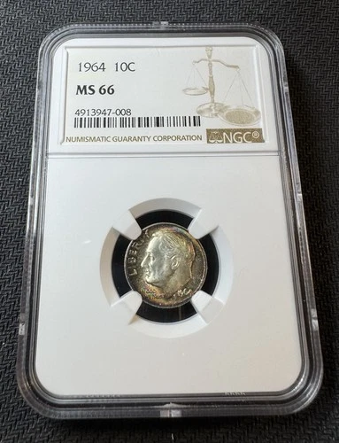 1964 Roosevelt Dime NGC MS 66, BEAUTIFUL RAINBOW TONING!