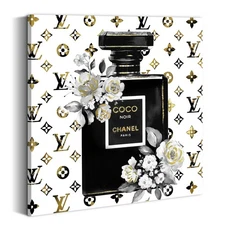 Elegant Floral Perfume Bottle Wall Art Rose Bouquet Painting on Modern Fashio...