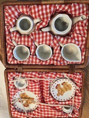 Teddy Bear Porcelain Pretend Play Tea Set in Picnic Basket for Kids