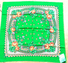 1992 Green Russian Floral Wool Scarf Shawl 32" Square Original Tag Pavlovo Posad