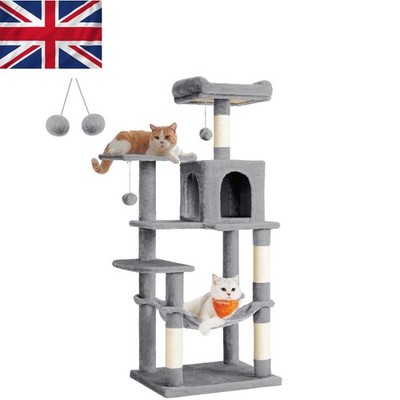 Plüsch Katze Eigentumswohnung 143 cm mit 2 Hängematten, höhlen- & kippfestes Design, hellgrau