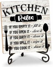 Rustic Wood Plaque with Stand - Kitchen Decor - Rules Multicolored 