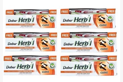 6x Dabur Herbal Natural Clove Toothpaste Cavity Protection Free Toothbrush 140g