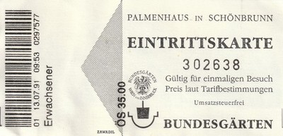 AUT_Dok_03 - Eintrittskarte  Palmenhaus in Schönbrunn Wien von 1991
