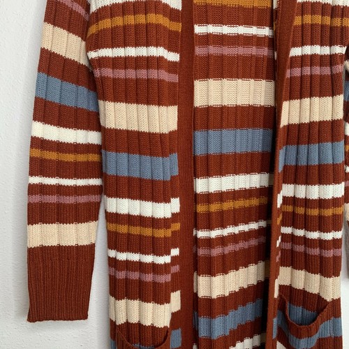 Rosa Rose Damen Strick Kapuze offen vorne gestreift lange Strickjacke Pullover Gr. Large - Bild 3 von 8