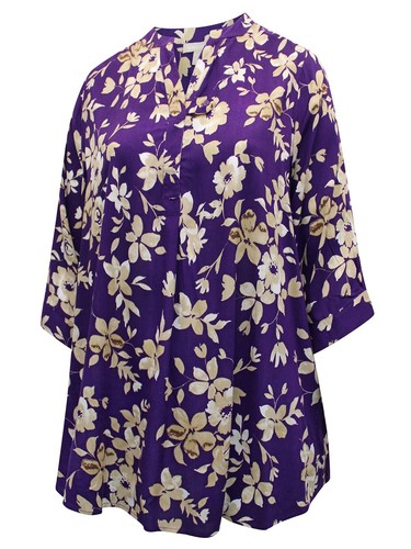 Woman Within TUNIC TOP PURPLE Floral 3/4 Sleeve Tab Front Szs 24/26 28/30 40/42 - Picture 3 of 4