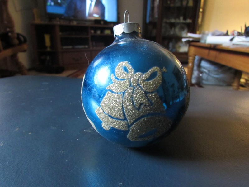 Vintage Christmas Ornament Blue Ball Glitter Bell Stencil