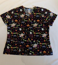 SB Scrubs Sz Large Ladies Graphic Halloween V-Neck Short Sleeve Pullover Top