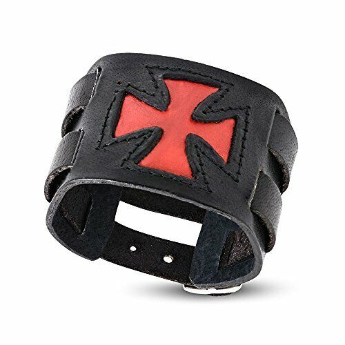 Black Red Leather Cross Mens Wristband Wrap Bracelet, 8" - Picture 1 of 4