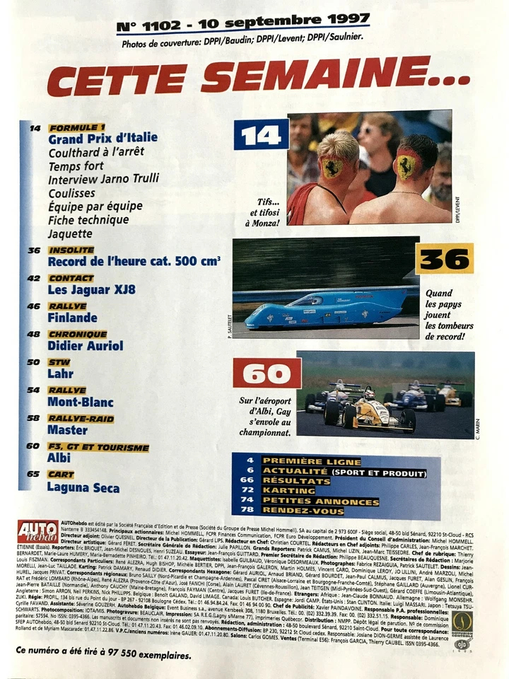 AUTO HEBDO 1102 du 10/09/1997; Essai Jaguar XJR/ GP d'Italie/ Panis le retour - Photo 2/2