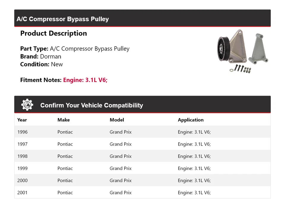 For 1996-2001 Pontiac Grand Prix 3.1L V6 Dorman A/C Compressor Bypass Pulley - Image 2 of 4