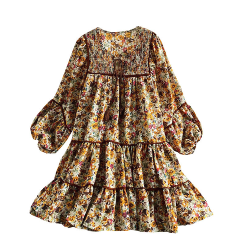 Lady Boho Floral Mini Dress Long Sleeve Loose Cottagecore Hippie Gypsy Swing - Afbeelding 1 van 12